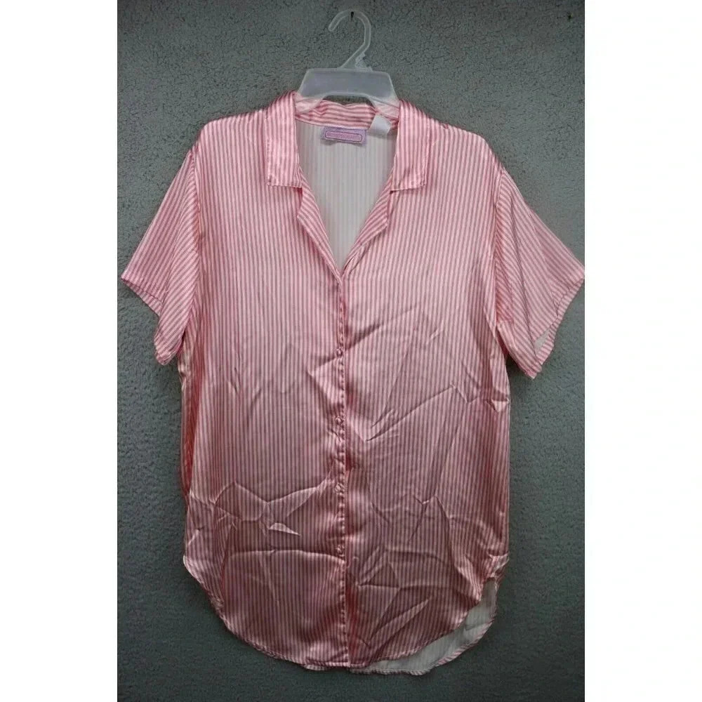 Vtg. Beth Michaels‎ Women's Pink & White Striped Satin Sleepshirt-Size Small